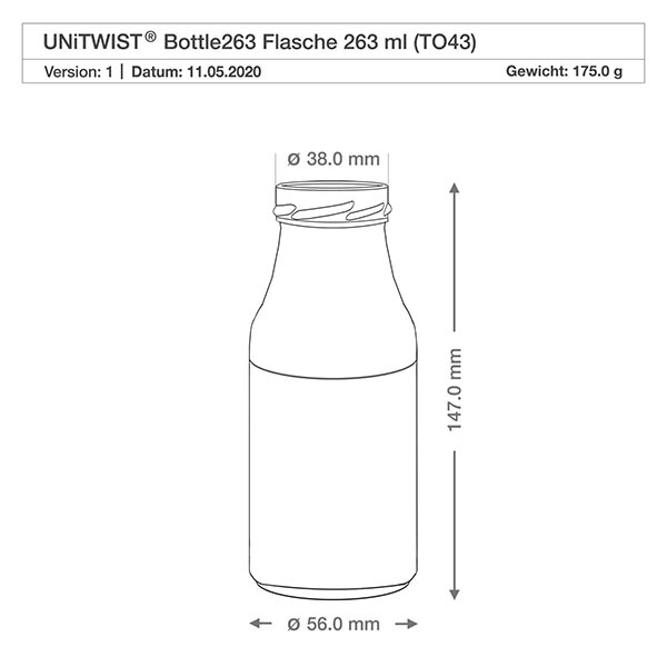 UNiTWIST Bottle263 Bouteille en verre 263ml TO43 avec dimensions 147mm hauteur 56mm diamètre dessin technique