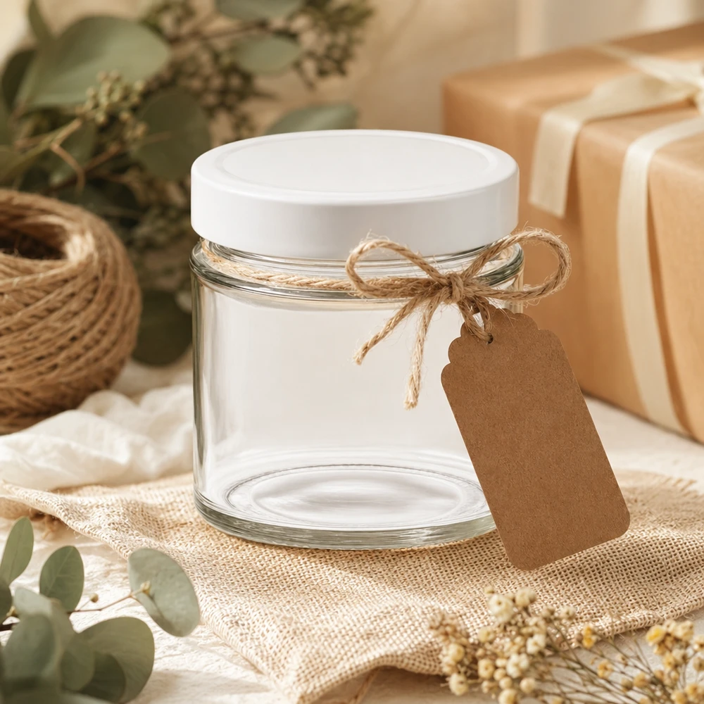 Bocal rond de 135 ml avec couvercle blanc BasicSeal arrangé de manière décorative avec des pendentifs en papier kraft Emballage cadeau DIY
