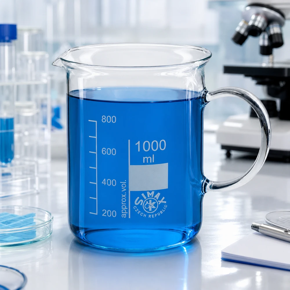 Bécher de 1 000 ml contenant un liquide bleu et muni d'une anse, dans un environnement de laboratoire