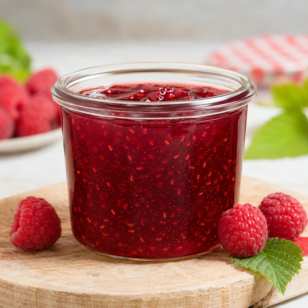 WECK Pot renversé RR40 35ml rempli de confiture rouge entourée de framboises fraîches sur planche en bois