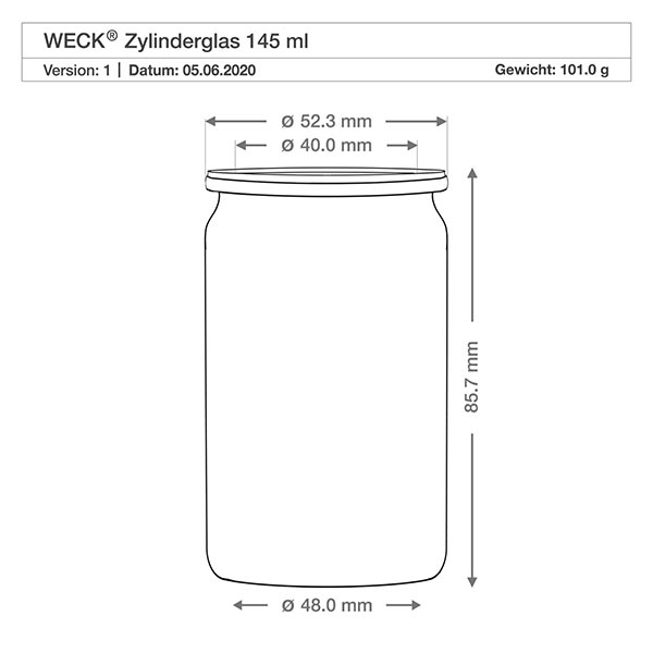 145ml bocal cylindrique avec couvercle fraîcheur WECK RR40 WECK Verre cylindrique 145ml RR40 dessin technique avec dimensions diamètre 48mm hauteur 85,7mm poids 101g