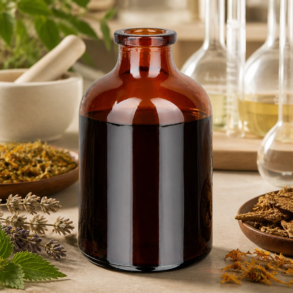 Flacon pour solution injectable, 50 ml en verre ambré Braunglas Injektionsflasche 50ml für pflanzliche Extrakte mit Kräutern und Laborgeräten im Hintergrund