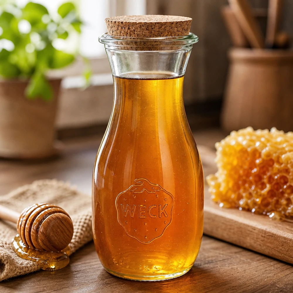 WECK Bouteille en verre 530ml remplie de miel à côté du miel en rayon et cuillère à miel sur planche en bois cuisine rustique