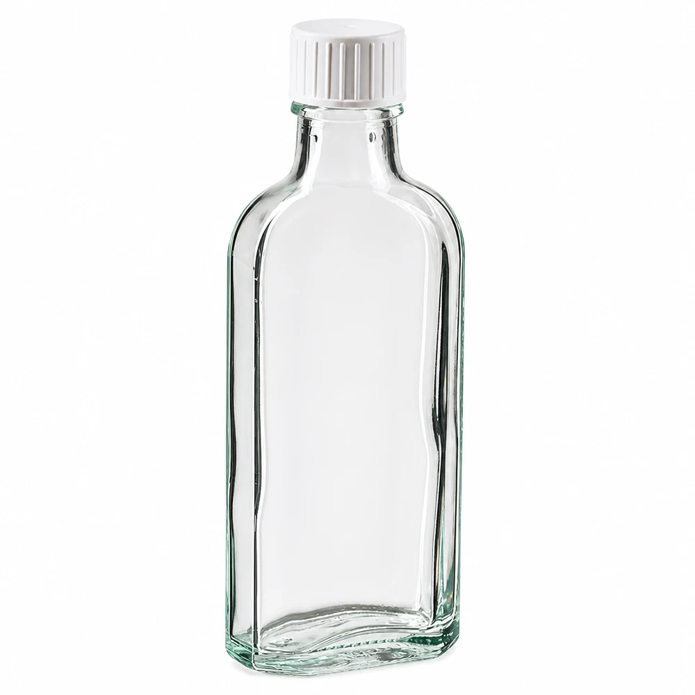 Flacon Meplat transparent de 100 ml avec bouchon à vis blanc et anneau verseur en verre
