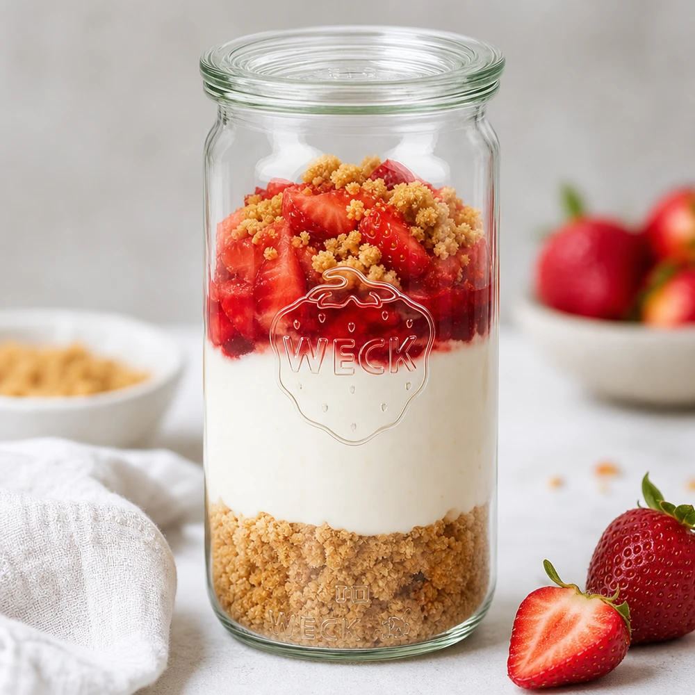 340ml bocal cylindrique avec bouchon en verre WECK RR60 WECK Pot cylindrique de 340ml RR60 avec couche de dessert aux fraises Fond de biscuit Crème et fruits comme inspiration de parfaits