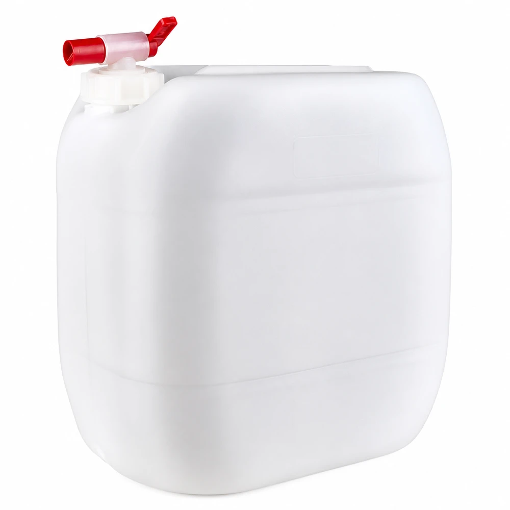 Bidon en plastique blanc de 30 litres avec robinet de vidange rouge, en PEHD (polyethylène haute densité) adapté au contact alimentaire