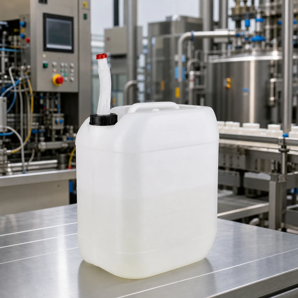 Bidon de 20 litres adapté au contact alimentaire, muni d'un bec verseur flexible, posé sur une table en acier inoxydable dans une installation industrielle