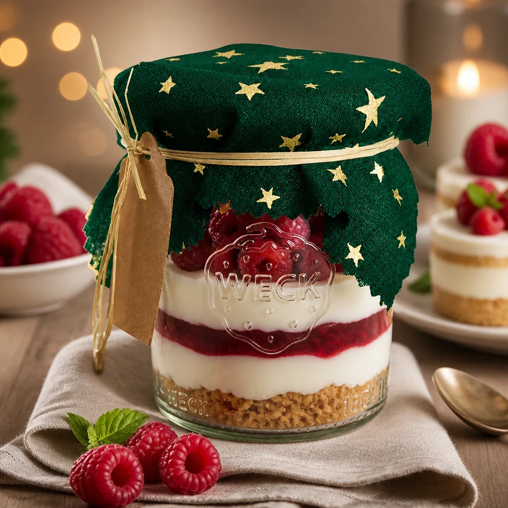 Dessert festif en verre avec couvercle décoratif vert étoilé 12cm carré, framboises et crème comme idée de cadeau