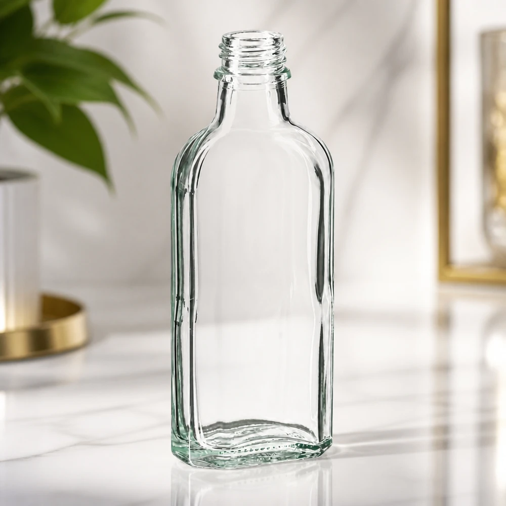 Flasque transparente de 100 ml au goulot DIN 22 Flacon Meplat transparent vide de 100 ml, avec filetage DIN22, posé sur une surface en marbre
