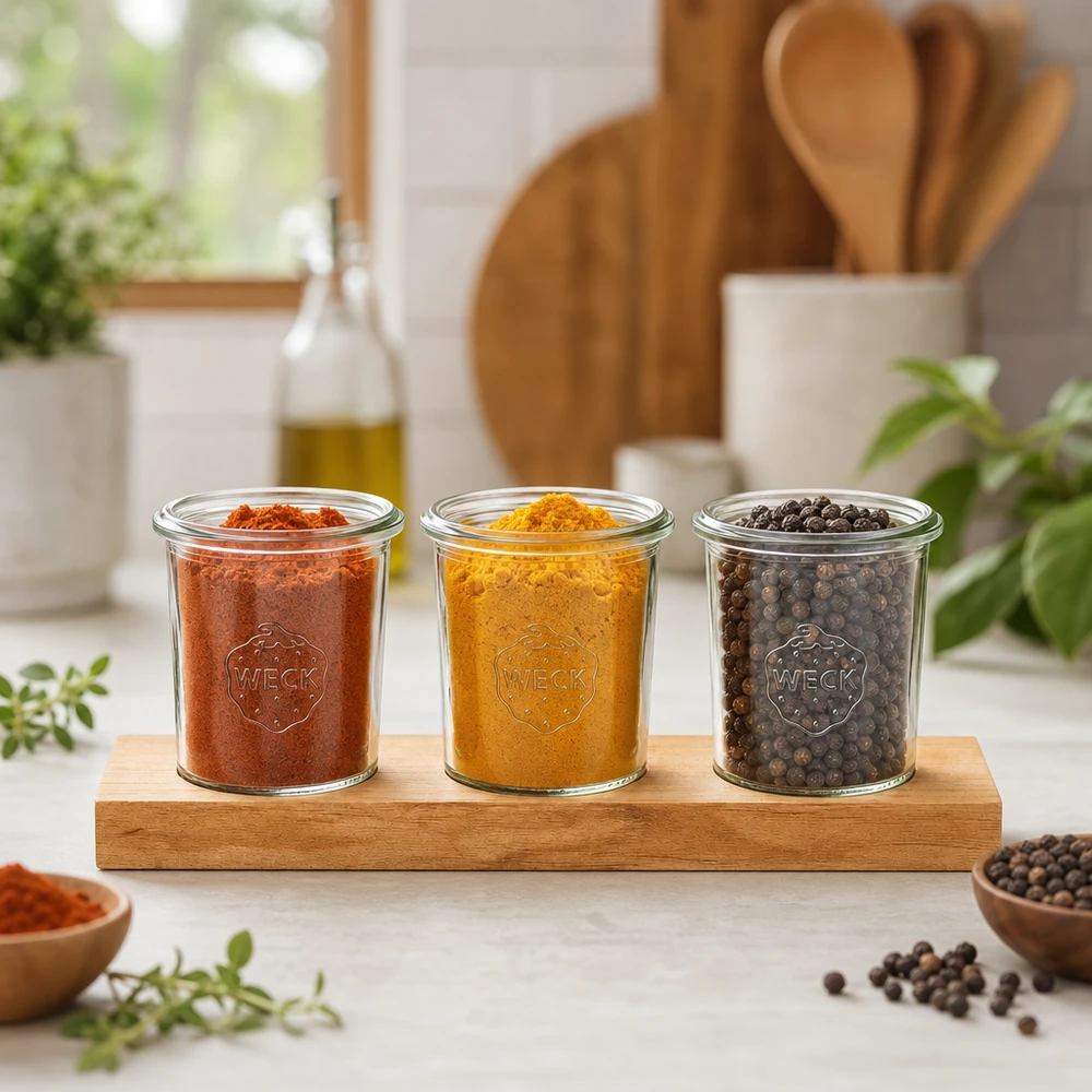 Verres de réveil 160ml avec épices Curcuma et poivre sur planche de service en bambou dans une atmosphère de cuisine naturelle