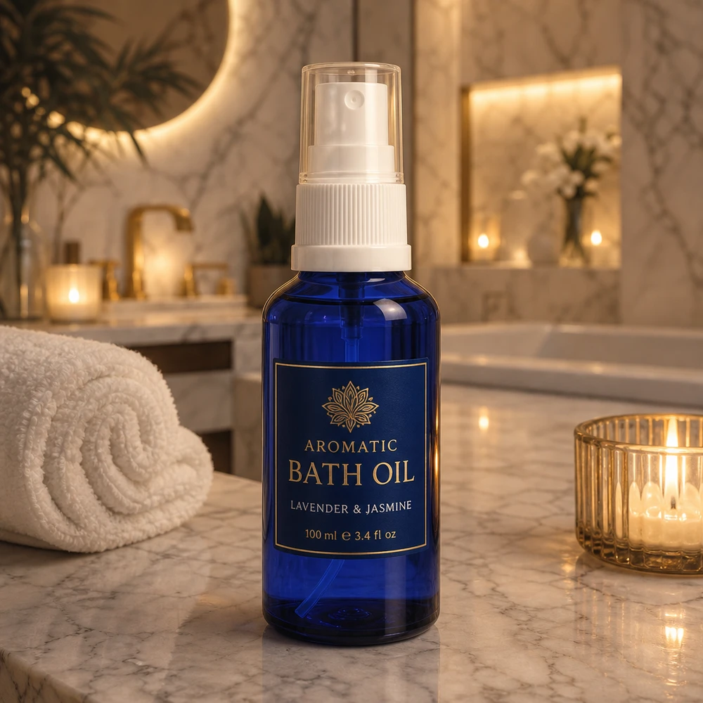 Flacon de pharmacie bleu 10ml embout spray noir Flacon vaporisateur bleu de 10 ml avec pompe blanche, posé sur du marbre à côté de bougies pour l'huile de bain à la lavande et au jasmin