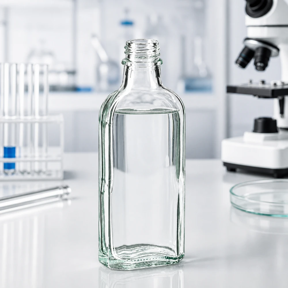 Flasque transparente de 100 ml au goulot DIN 22 Flacon en verre rectangulaire transparent de 100 ml avec bouchon à vis DIN22, utilisé en laboratoire
