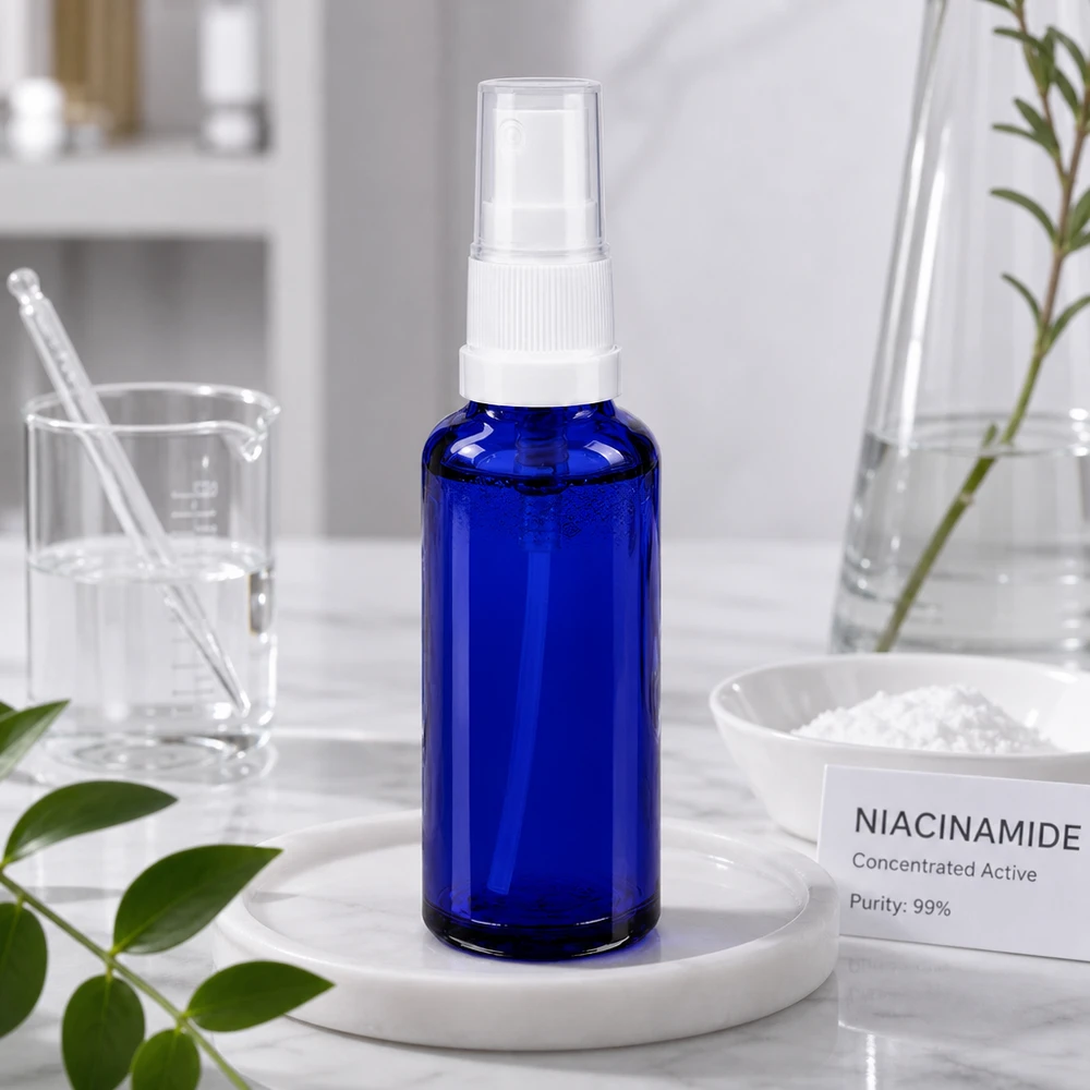 Flacon de pharmacie bleu 10ml embout spray noir Flacon de pharmacie bleu de 10 ml muni d'un vaporisateur blanc, à côté de poudre de niacinamide dans un laboratoire