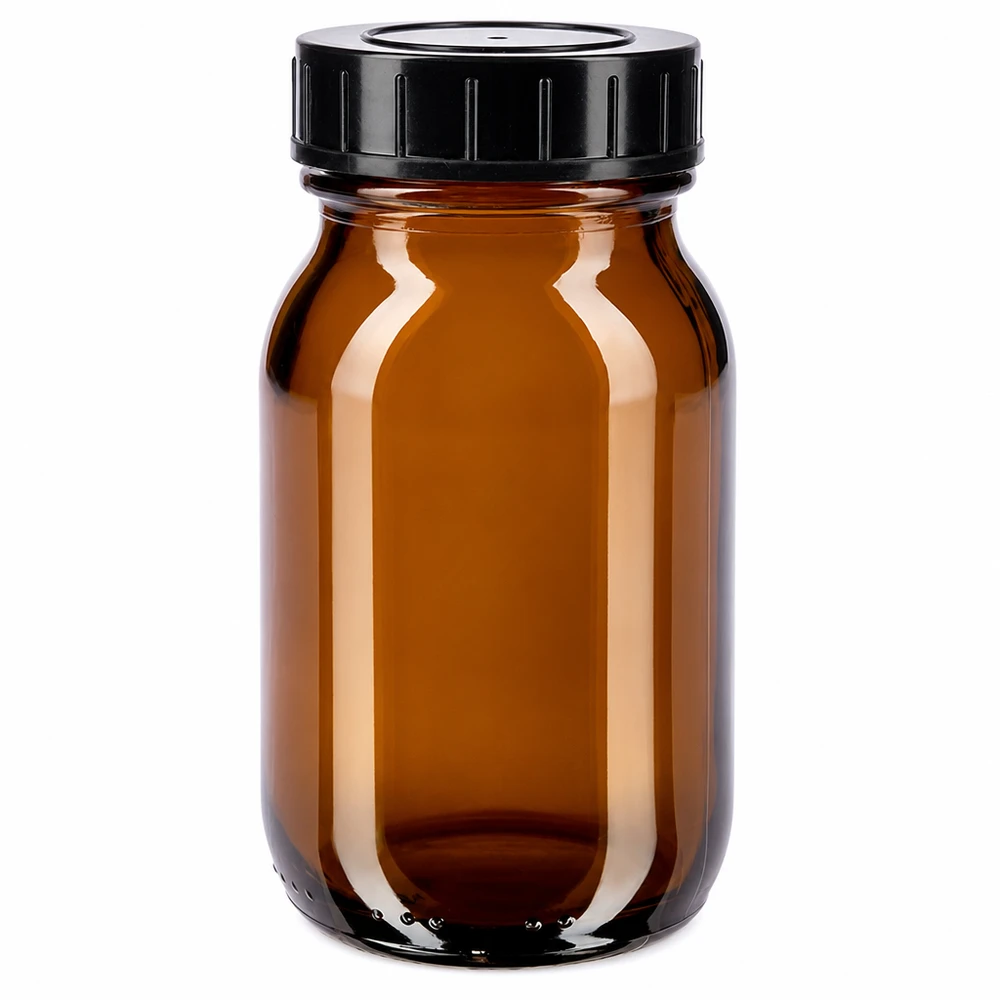 Bocal à col large en verre ambré 100 ml + couvercle à vis Bouteille à col large de 100 ml en verre brun avec bouchon à vis noir pour une conservation sûre