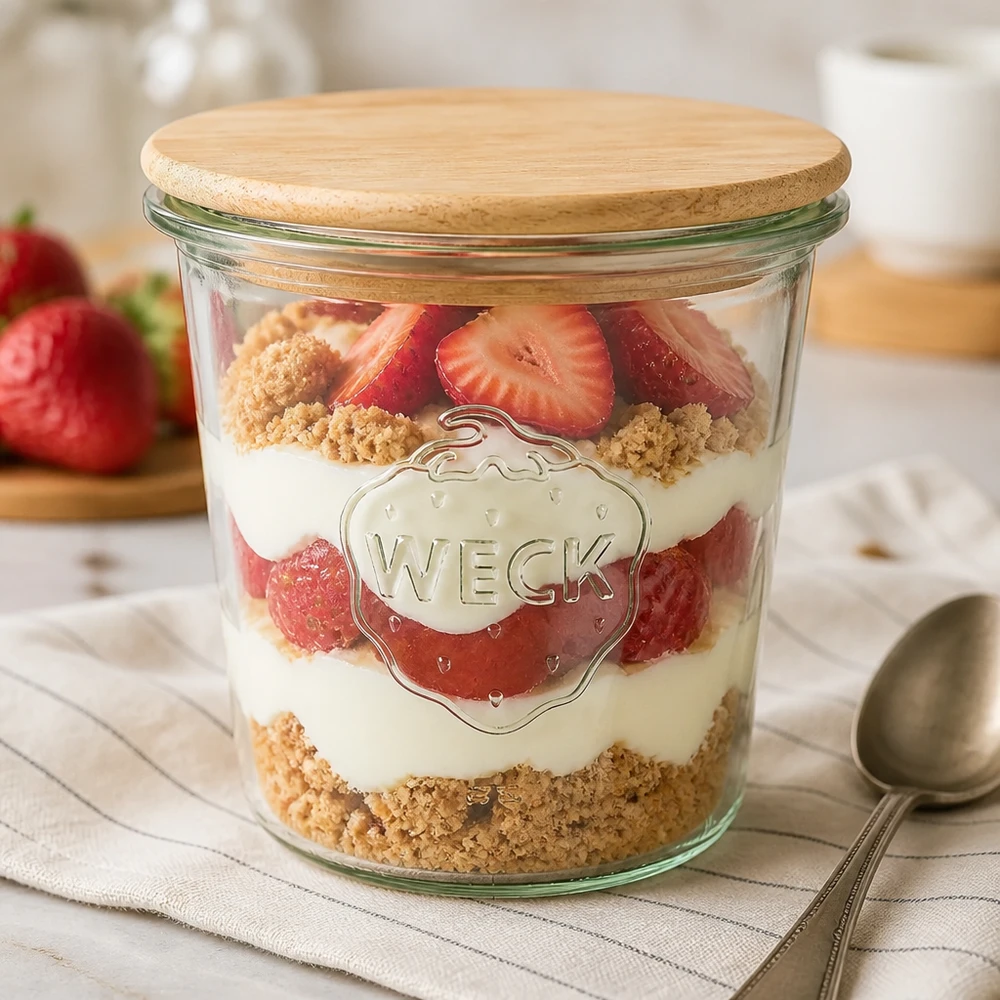 580ml bocal conique WECK RR100 avec couvercle en bois WECK Verre renversé 580ml comme coupe à dessert avec fraises et miettes de biscuits, couvercle en bois fermé sur la table de cuisine