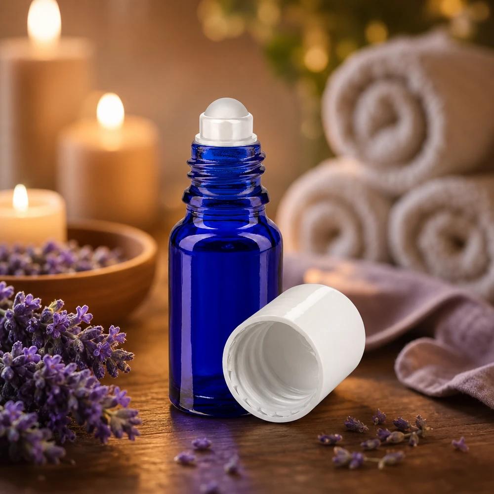 Flacon roll-on bleu cobalt de 10 ml avec applicateur à bille, entre des fleurs de lavande et des bougies