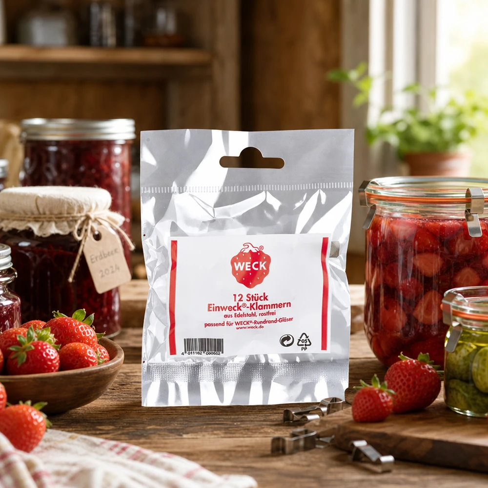 Agrafes WECK Emballage dans une cuisine rustique avec des bocaux de fraises et de confiture Exemple d'application