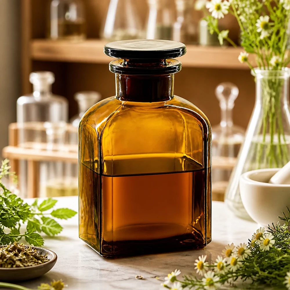Flacon carré col large 150 ml + bouchon RIN, verre ambré Bouteille carrée à col large de couleur ambre, d'une contenance de 150 ml, munie d'un bouchon plat en verre, posée sur une table en marbre garnie d'herbes aromatiques