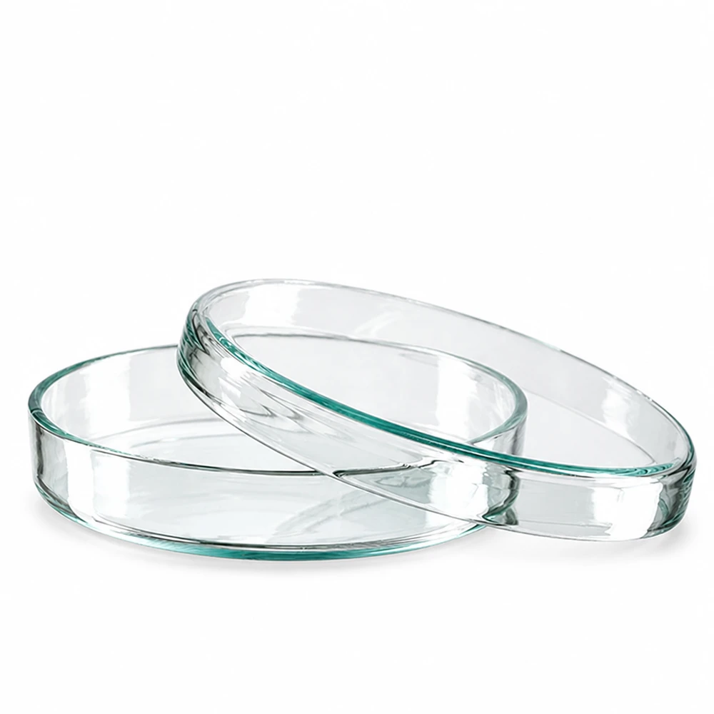Deux boîtes de Pétri rondes en verre de 80 x 15 mm empilées l'une sur l'autre sur un fond blanc