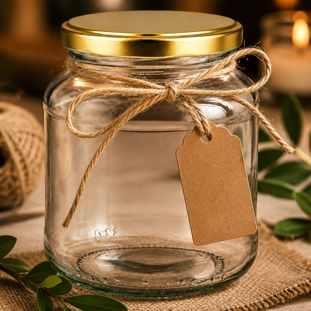 370ml verre ovale BasicSeal couvercle doré UNiTWIST vide avec cordon de jute étiquette cadeau décoration rustique