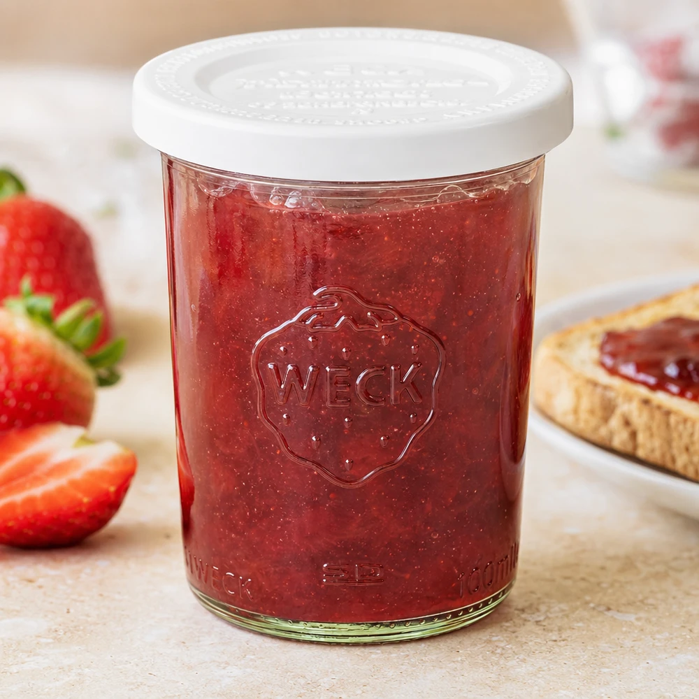 WECK Pot de conserve 160ml avec confiture de fraises et couvercle fraîcheur blanc, à côté de fraises fraîches et de pain avec confiture