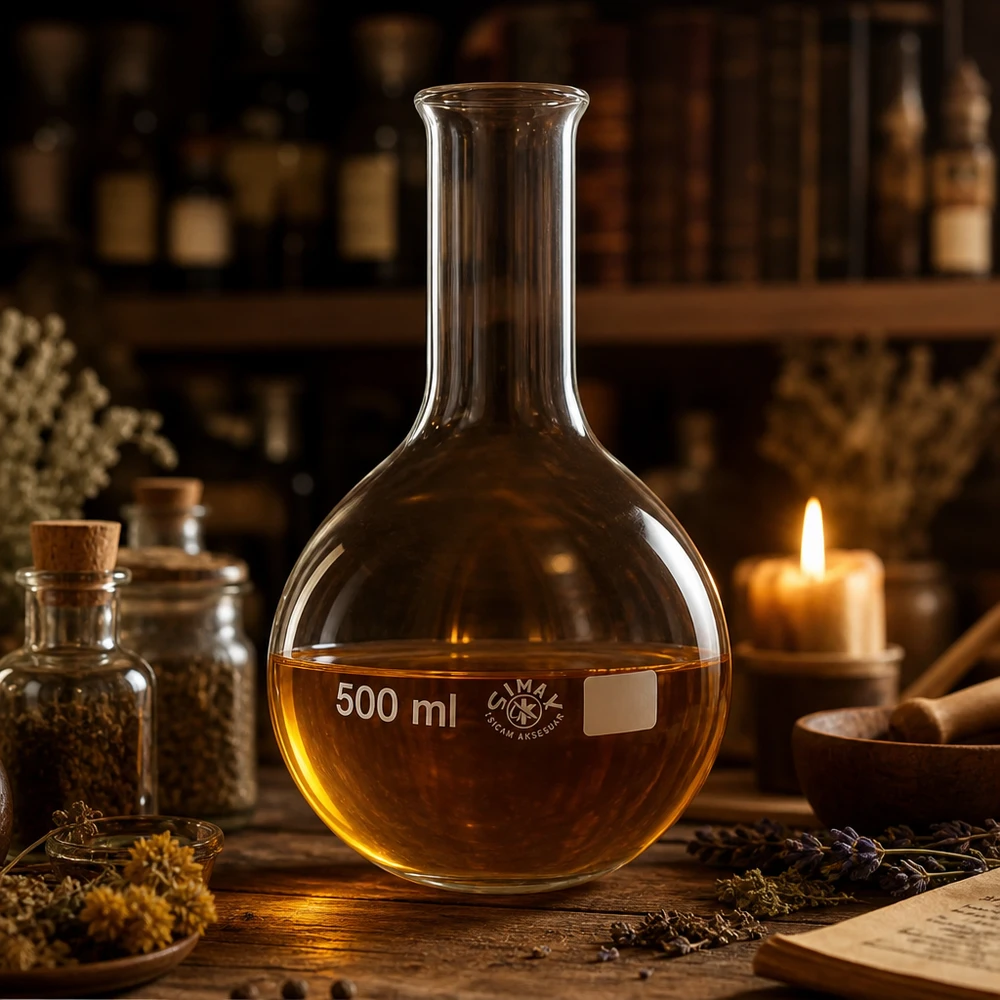 Ballon à fond plat 500 ml à col étroit, en verre borosilicate avec bord renforcé Fiole à pied 500ml avec liquide ambré dans un décor d'alchimie traditionnelle