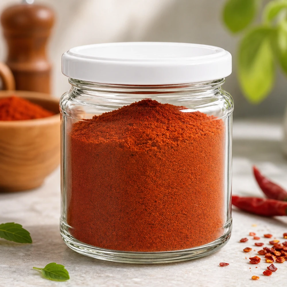 Bocal rond de 212 ml avec couvercle blanc UNiTWIST rempli de paprika rouge en poudre - idéal pour la conservation des épices