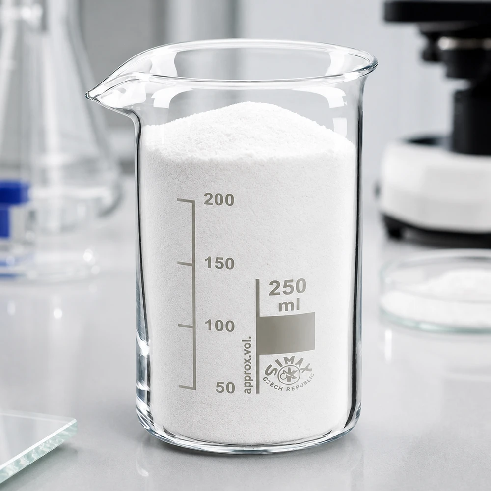 Bécher 250ml en verre borosilicate résistant à la chaleur (forme haute) Bécher de 250 ml, de forme haute, rempli de poudre blanche, posé sur une paillasse de laboratoire claire, avec un microscope