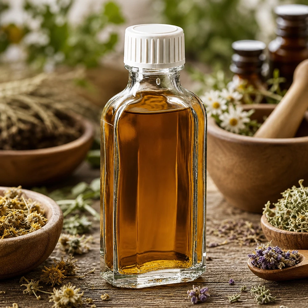 Flasque transparente de 50 ml au goulot DIN 22, avec bouchon à vis DIN 22 blanc en PP et joint mousse en PE Bouteille en verre Meplat de 50 ml, transparente, avec bouchon à vis blanc, entre les herbes médicinales et la lavande