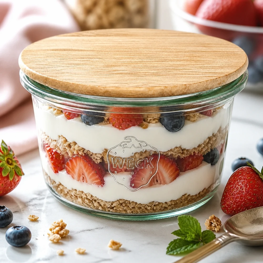 Mini bocal de 50ml WECK RR60 avec couvercle en bois WECK Mini verre plongeant 50ml comme coupe à dessert avec couche de yaourt et de baies et couvercle en bambou sur table en marbre blanc