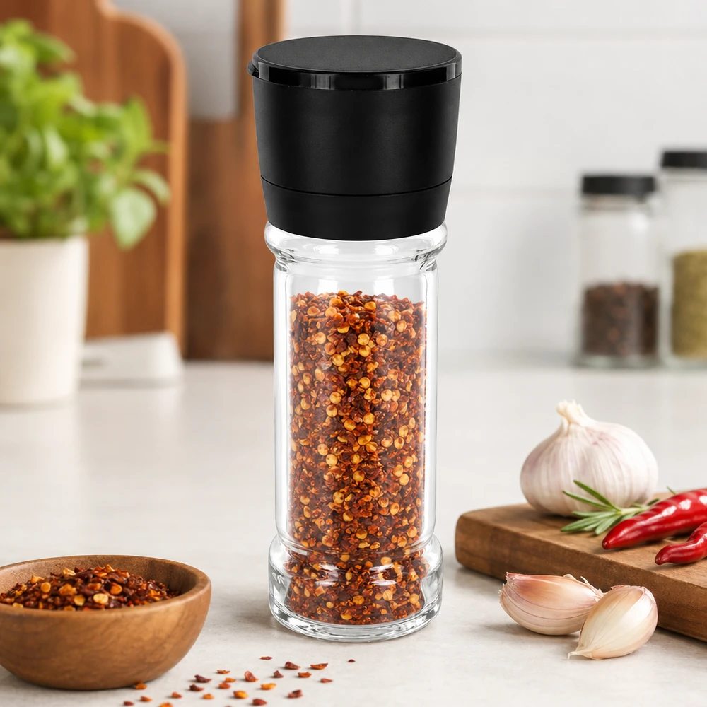 Pot à épices transparent de 100 ml avec couvercle en plastique noir et moulin intégré Vario