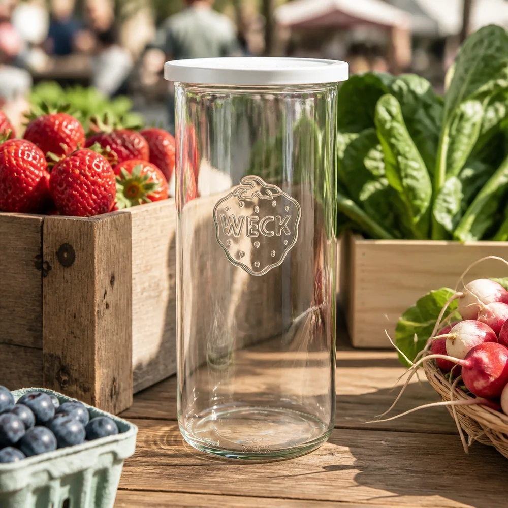 1500ml bocal conique avec couvercle fraîcheur WECK RR100 WECK Sturzglas 1500ml RR100 mit Frischedeckel zwischen frischem Gemüse und Obst auf Holztisch im Markt-Ambiente