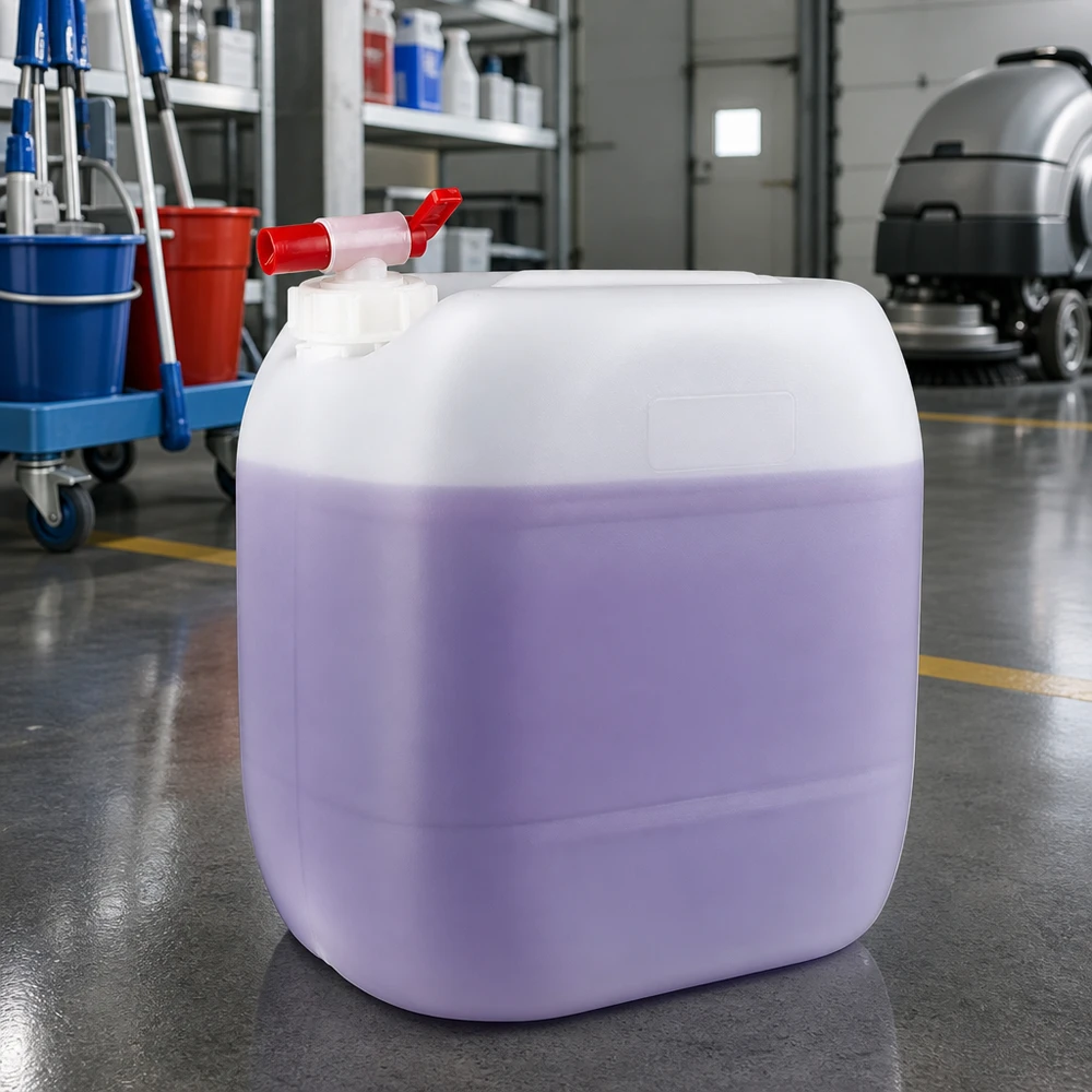 Jerrican de 30 litres avec robinet Bidon de 30 litres contenant un produit nettoyant violet et muni d'un robinet rouge, dans un hangar industriel