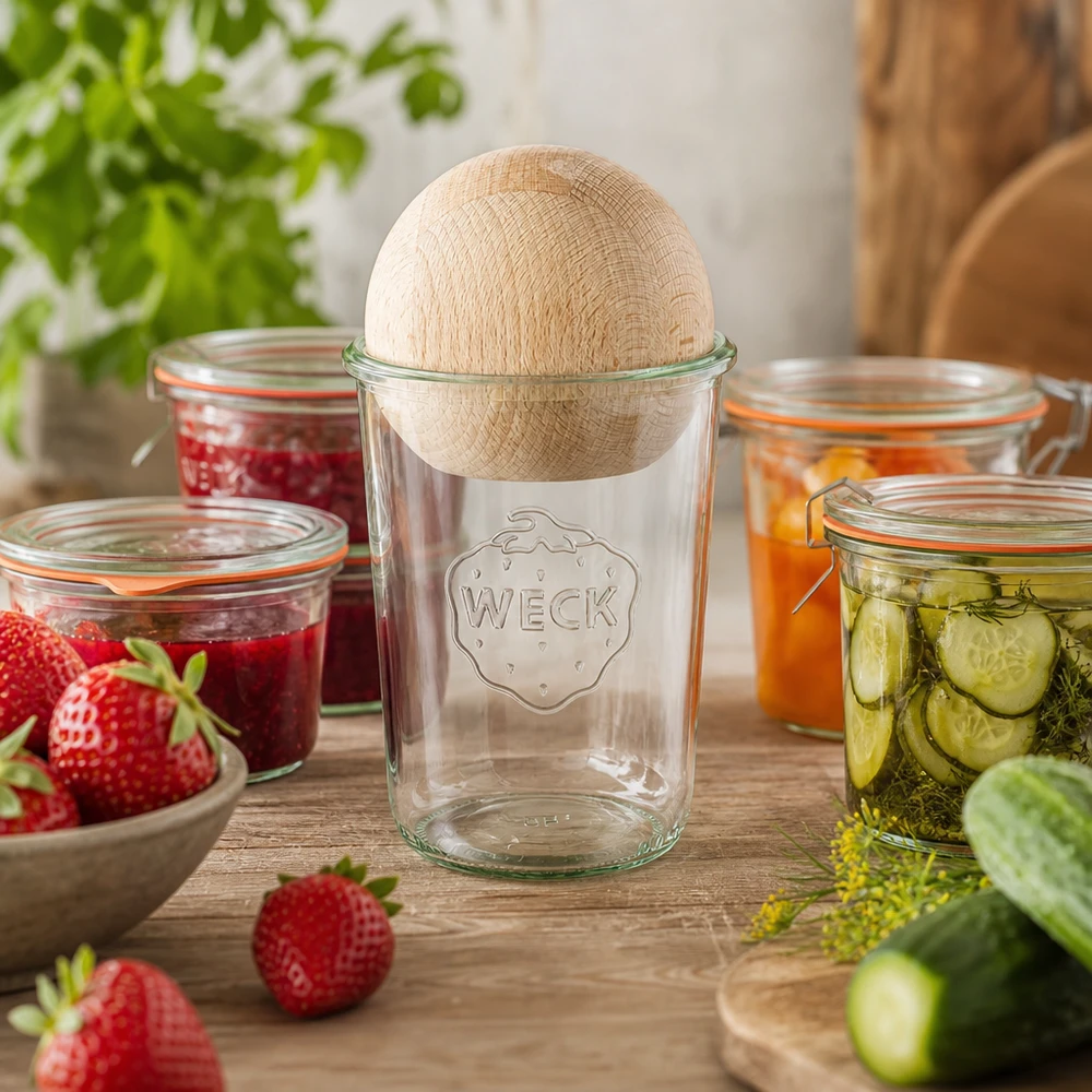 WECK Pot de 850ml RR100 dans scène de cuisine avec confitures, couvercle boule en bois en hêtre, pot de confiture