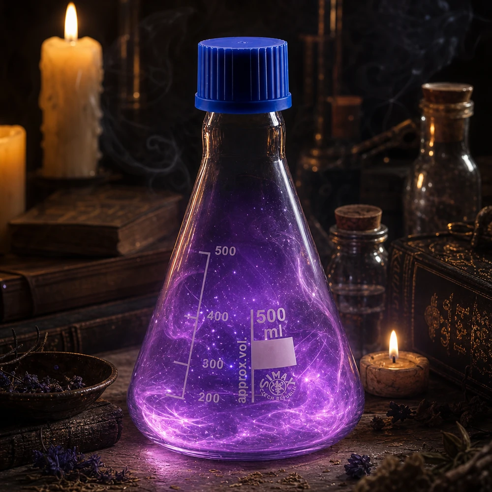 Fiole jaugée graduée 500ml en forme d'Erlenmeyer avec bouchon plastique bleu pour laboratoire