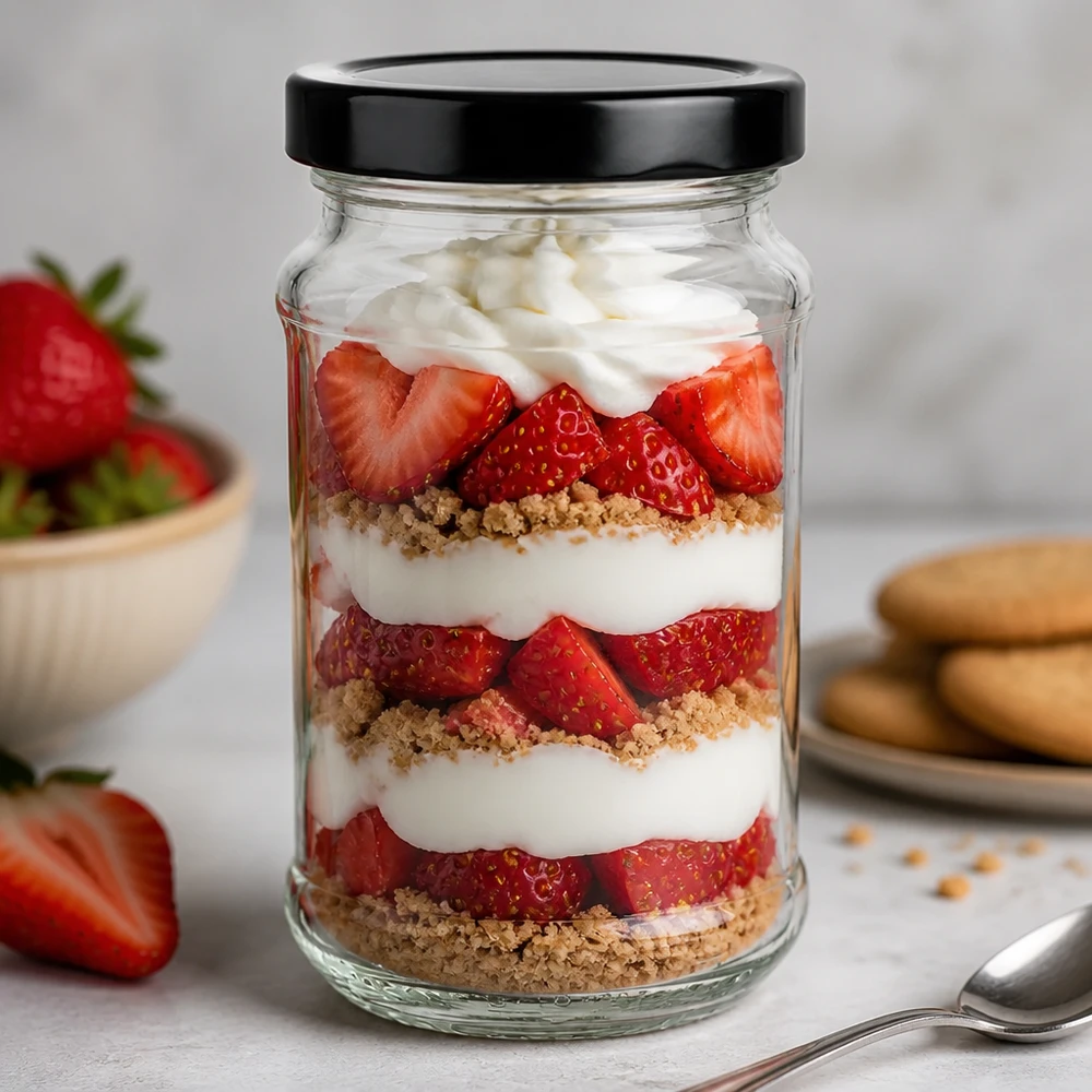 Verre rond de 390 ml avec couvercle BasicSeal noir comme verre à dessert pour trifle à la fraise - parfait pour les friandises sucrées