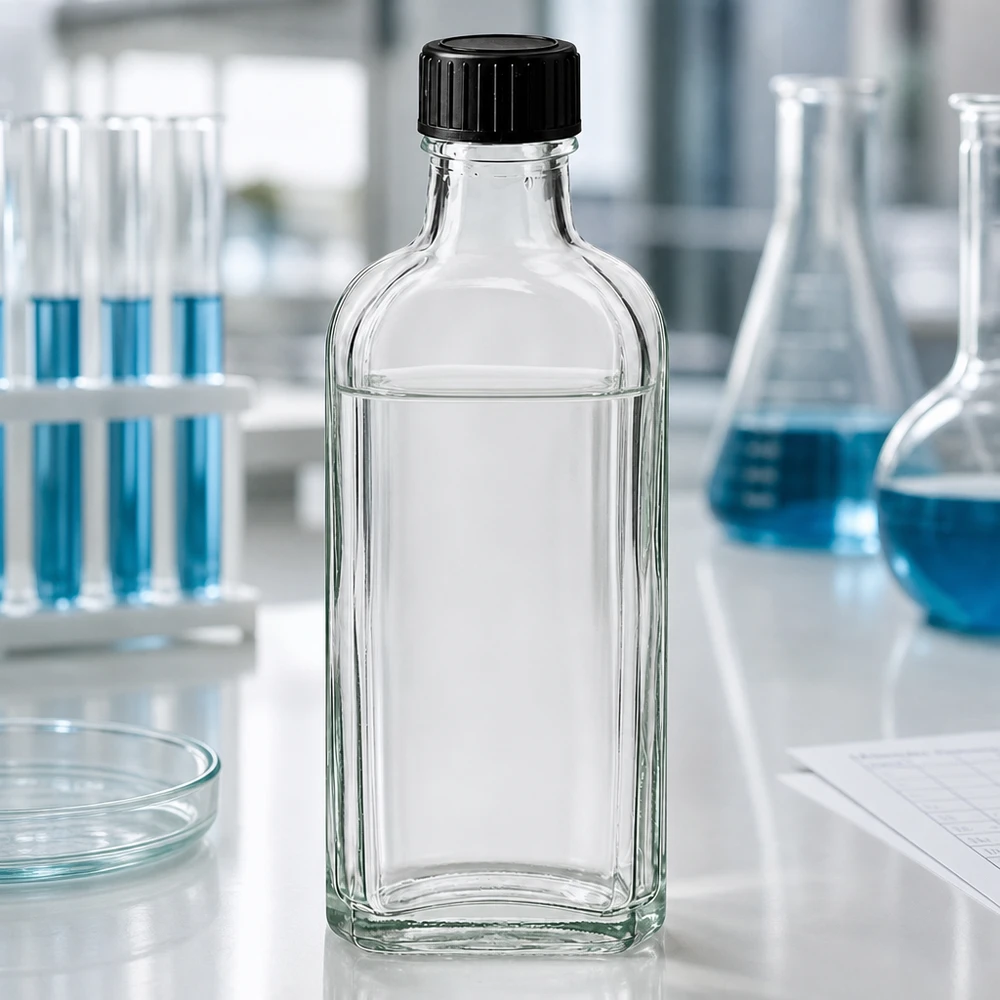 Flacon Meplat transparent de 100 ml avec rondelle d'étanchéité LKD et bouchon noir, utilisé en laboratoire