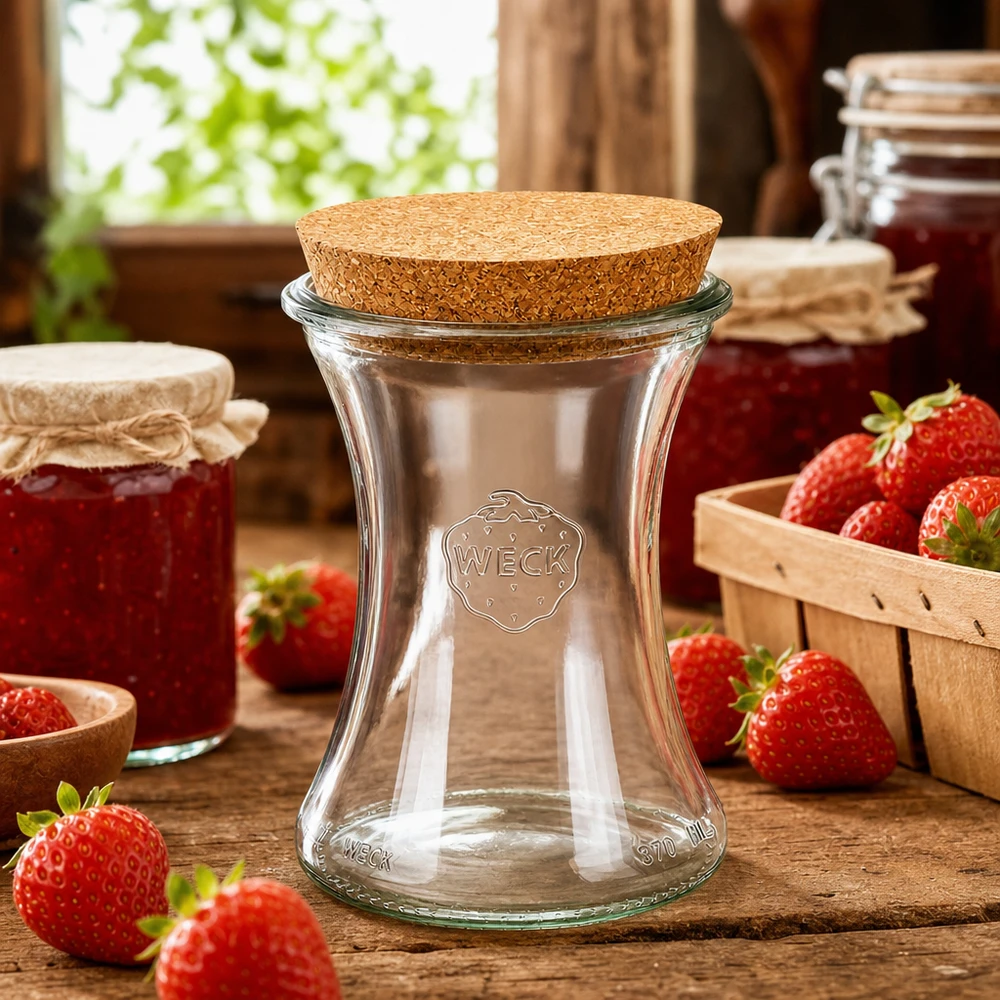 370ml bocal à gourmandises WECK RR80 avec bouchon nature WECK Pot à provisions 370ml RR80 Scène de style de vie avec des fraises et des pots de confiture sur une table en bois dans la cuisine