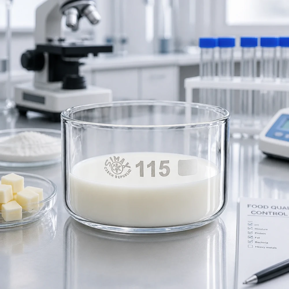 Coupelle de cristallisation 500 ml sans bec verseur Cuvette de cristallisation de 500 ml remplie de lait, placée à côté d'un microscope lors d'un contrôle de la qualité des denrées alimentaires