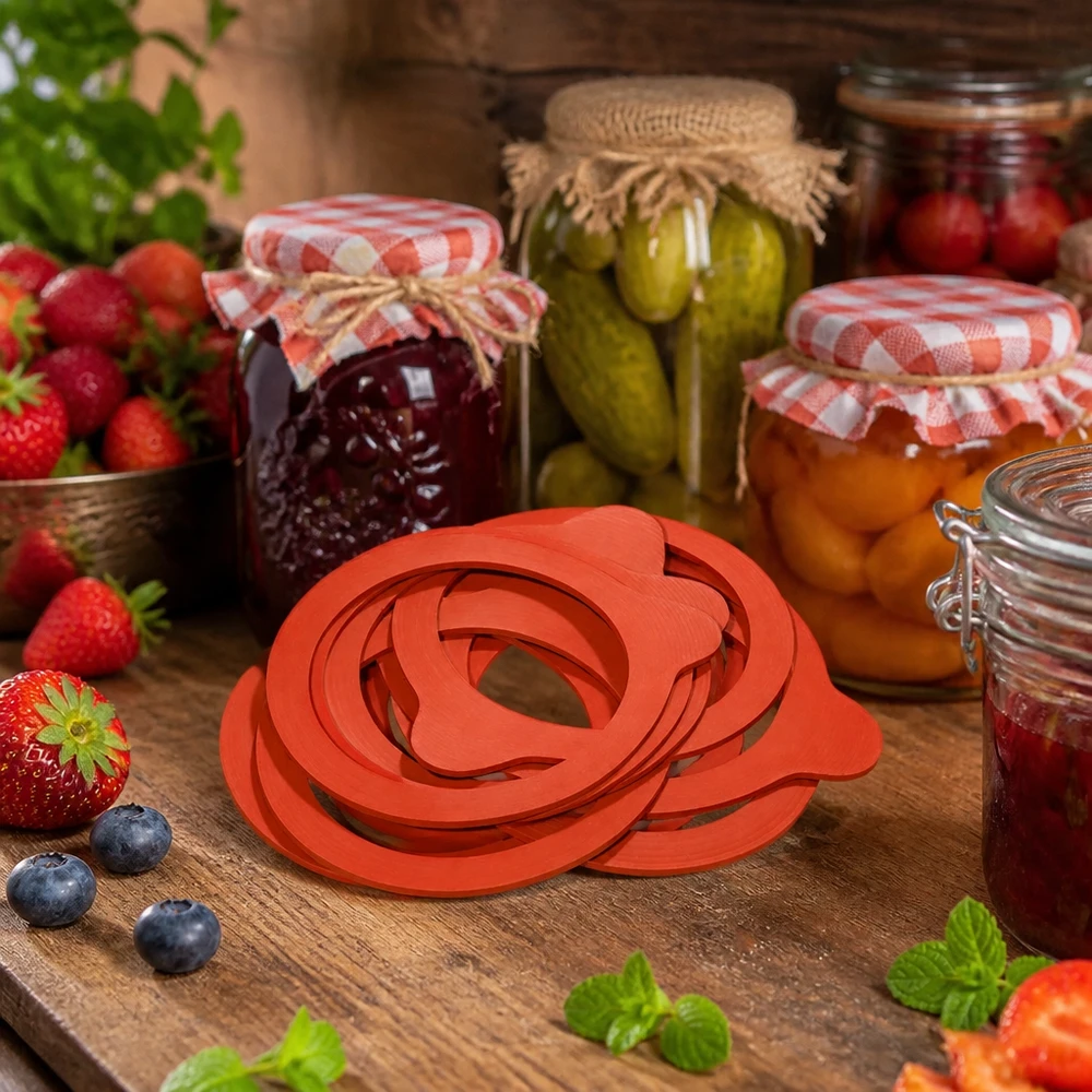 Bague d'étanchéité en caoutchouc naturel RR80 Anneau de mise en conserve RR80 Caoutchouc naturel rouge empilé sur une planche en bois avec bocaux à conserves Baies Pickles Confiture Conserves