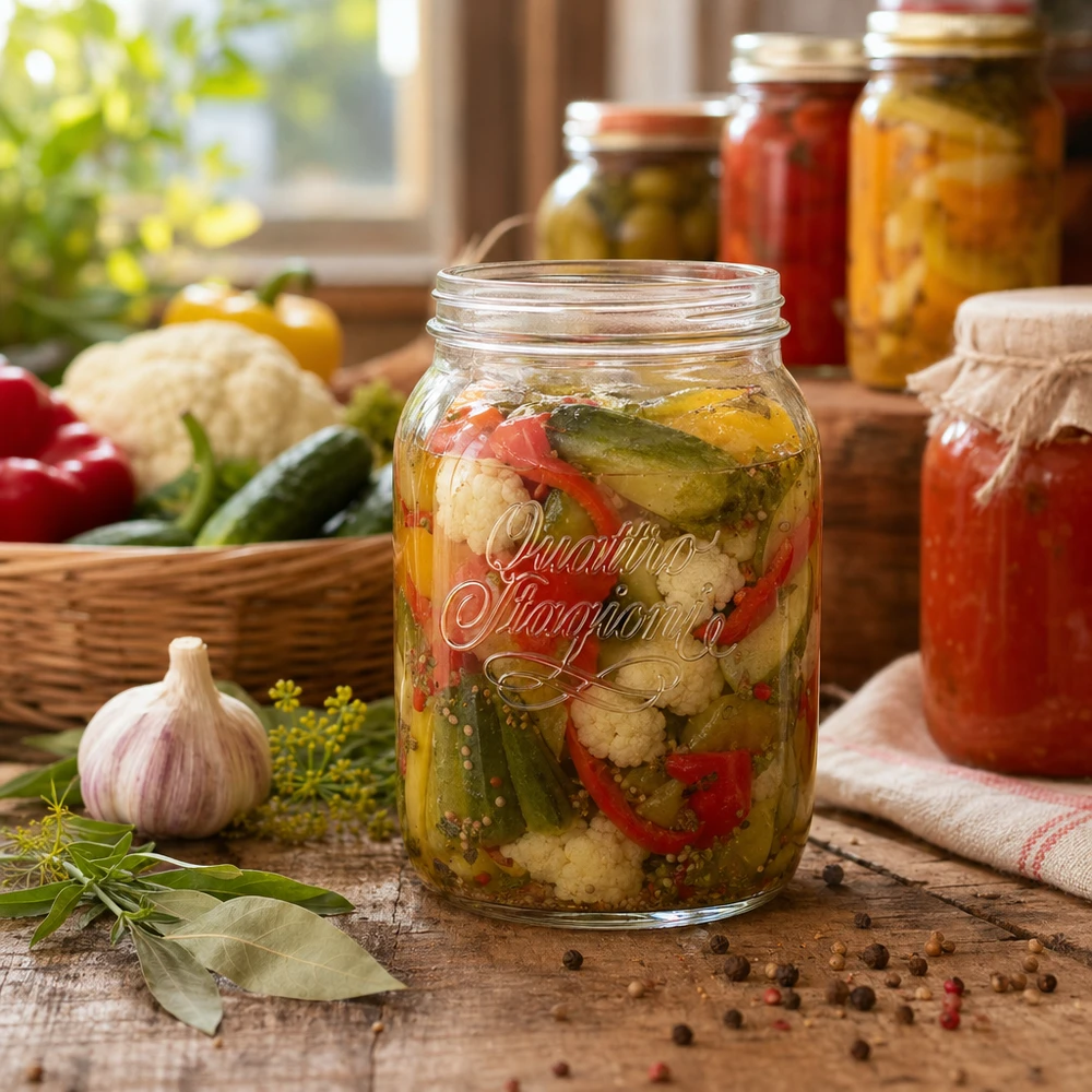 Quattro Stagioni 2000ml Bocal avec légumes marinés sur table en bois à côté d'ingrédients frais et d'autres conserves.