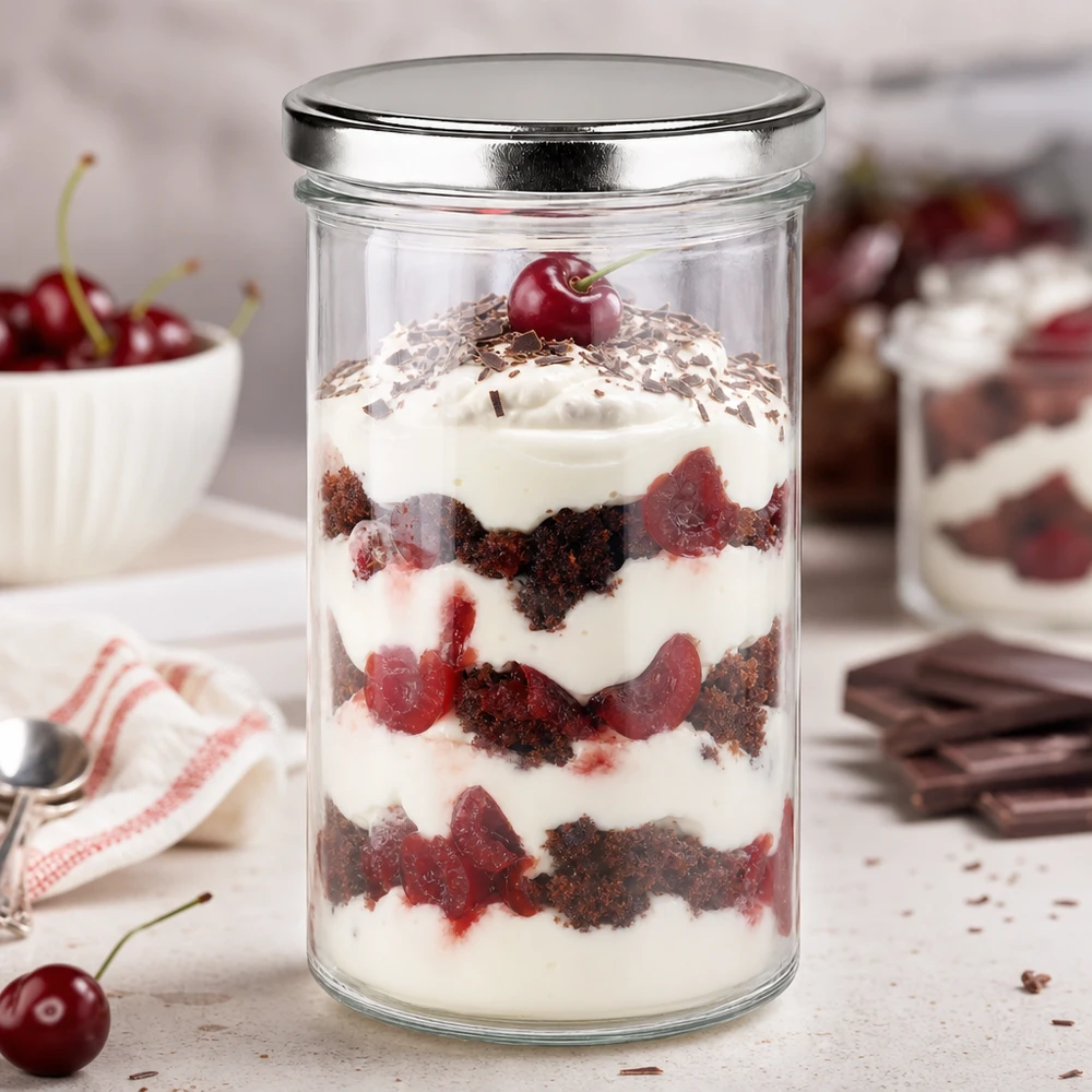 277ml Sturzglas mit silbernem BasicSeal Deckel gefüllt mit Schichtdessert Kirsch-Schokolade perfekt für Desserts
