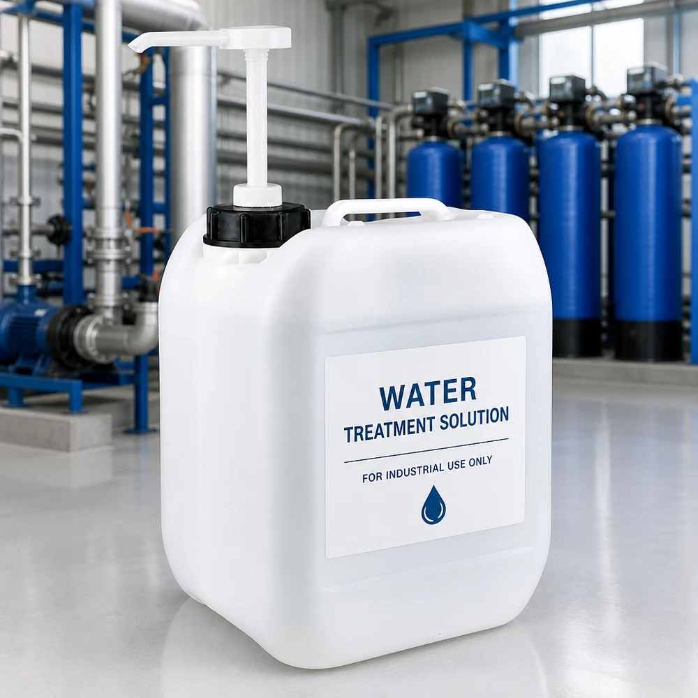 Bidon blanc de 5 litres pour le traitement de l'eau, équipé d'une pompe doseuse, devant une installation bleue de traitement des eaux industrielles