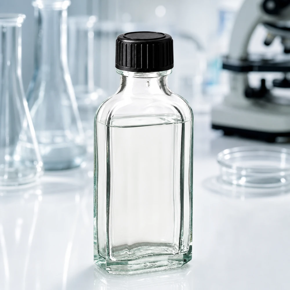 Flasque transparente de 50 ml au goulot DIN 22, avec bouchon à vis DIN 22 noir et joint LKD Flacon Meplat transparent de 50 ml avec un bouchon en plastique noir, posé sur une paillasse blanche de laboratoire