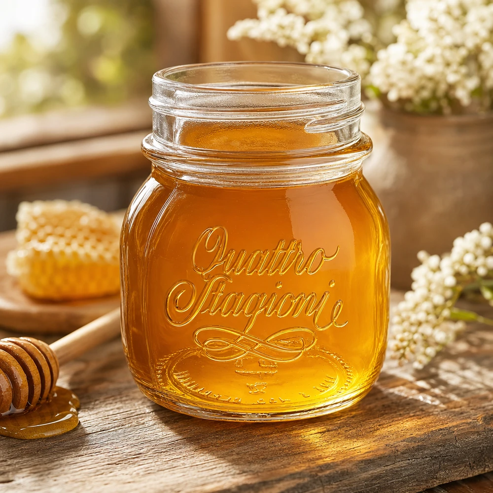 150ml verre rond "Quattro Stagioni" QS56mm Verre de ménage Quattro Stagioni de 150 ml rempli de miel sur table rustique en bois avec nid d'abeilles et fleurs