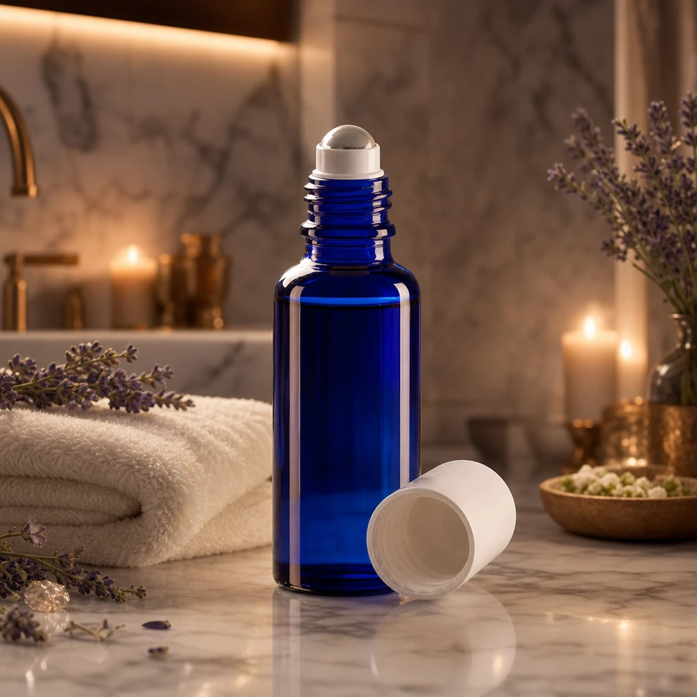 Flacon roll-on de 30 ml en verre d'apothicaire bleu cobalt avec un bouchon blanc sur fond marbré