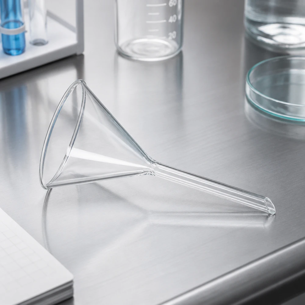 Entonnoir Ø 100mm - verre sodocalcique - angle 60° Entonnoir de laboratoire en verre sodocalcique, avec un angle de 60 degrés et une ouverture de 100 mm, pour un transvasement précis