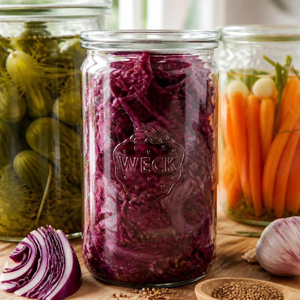 1590ml bocal cylindrique avec bouchon en verre WECK RR100 WECK Pot de conserve 1590ml RR100 avec chou rouge fermenté à côté de concombres marinés carottes sur planche en bois