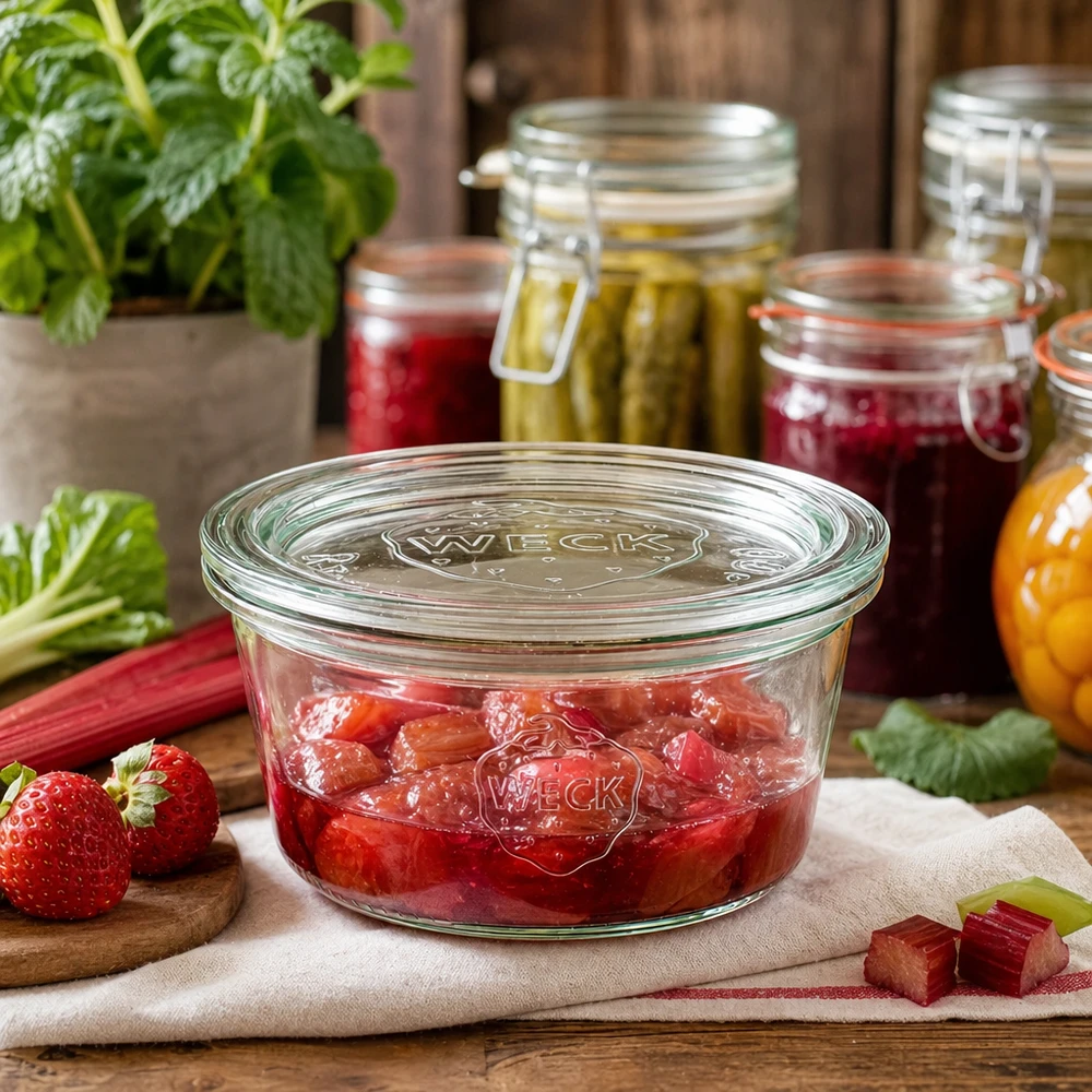 WECK Pot renversé 290ml RR100 rempli de confiture de rhubarbe et de fraises dans le garde-manger avec bocaux et ingrédients frais