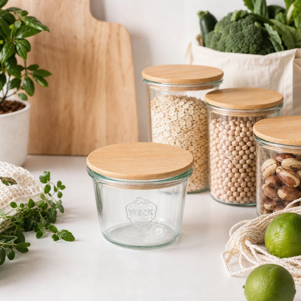 370ml bocal conique WECK RR100 avec couvercle en bois WECK RR100 Pot renversé 370ml avec couvercle en bambou dans un aménagement de cuisine durable avec des bocaux à provisions et des aliments bio